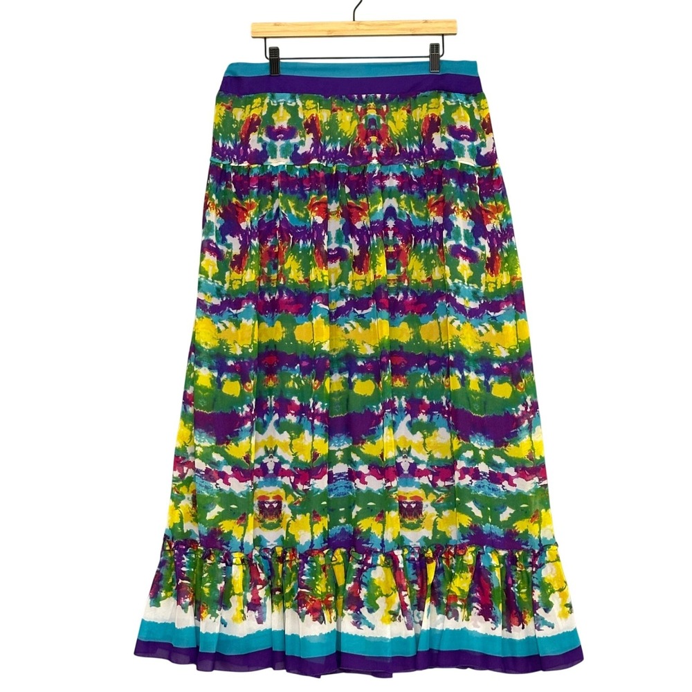 VTG ECI Womens Skirt XL Blue Abstract Tie Dye Tiered Ruffle Maxi Boho Hippie Y2K